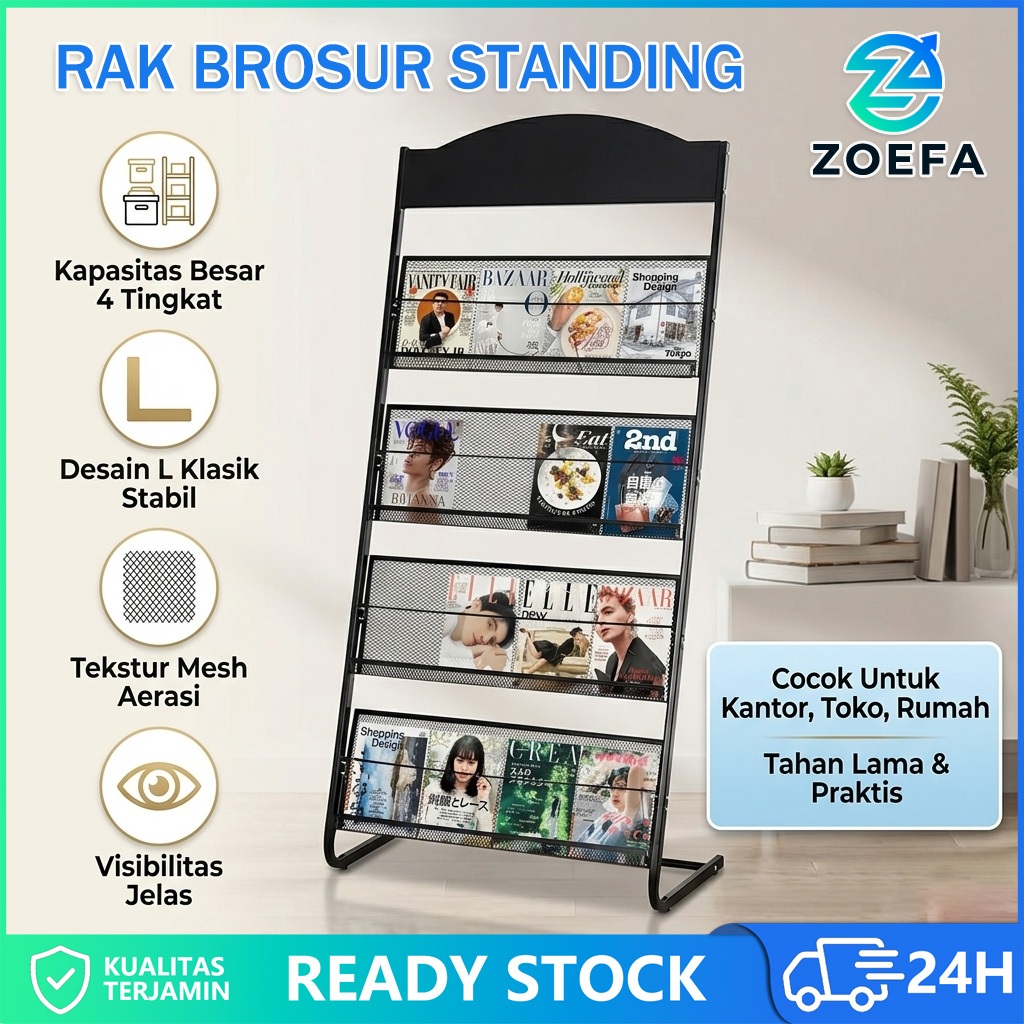 Rak Brosur Standing 4 Tingkat Besi Jaring Hitam | Rak Display Majalah Pamflet Selebaran A4 Kokoh Ant