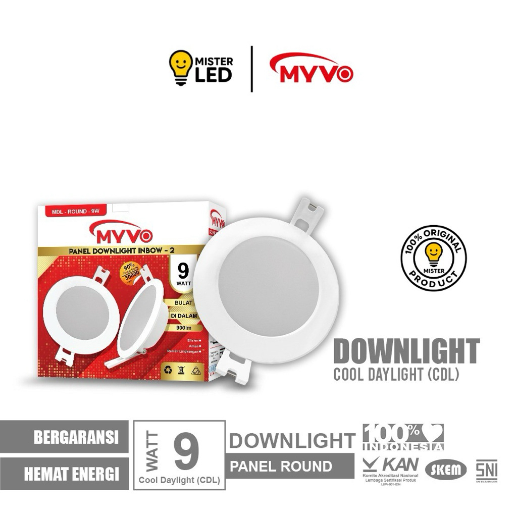MYVO Lampu LED Downlight 9 Watt Panel Round Inbow Cahaya Putih