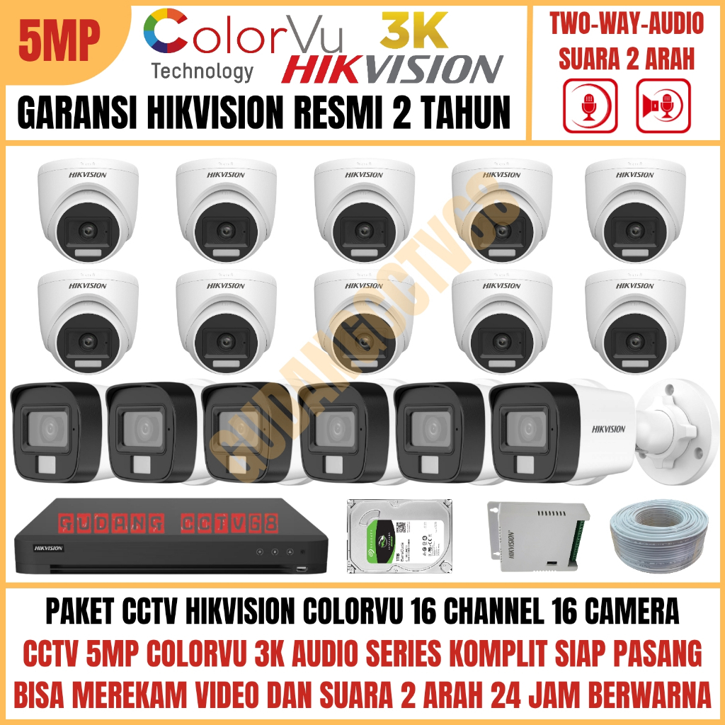Paket CCTV HIKVISION COLORVU 16 Channel 16 Camera 5MP 3K Full Colour AUDIO TWO WAY Komunikasi 2 ARAH