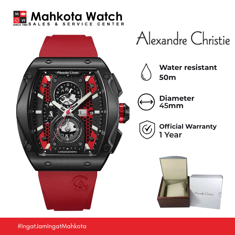 Alexandre Christie Chronograph AC 6608 MC RIPRE Men Black Dial Red Rubber Strap