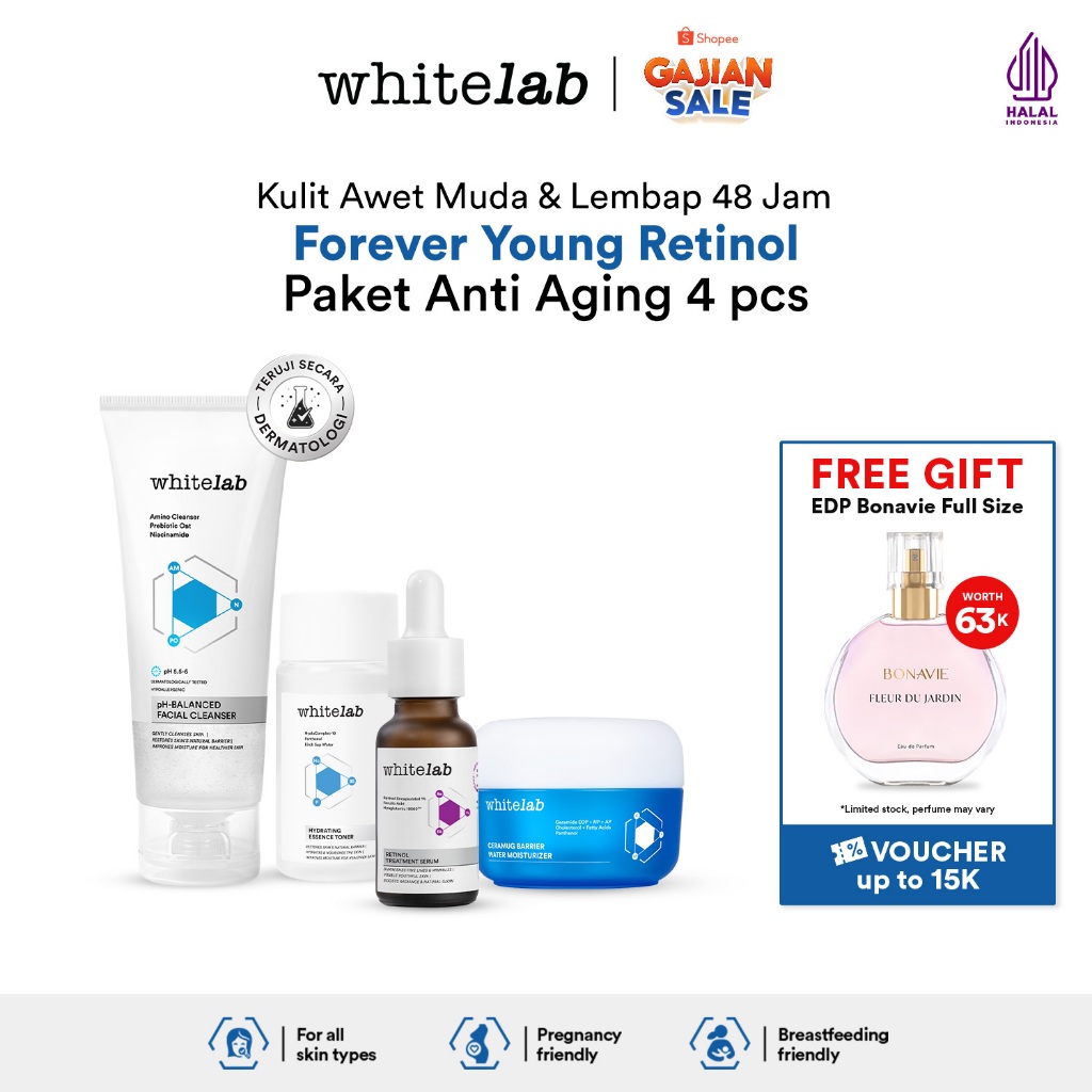 Whitelab 4 pcs Anti Aging Series - Facial Cleanser, Essence Toner, Serum, Moisturizer Paket Skincare