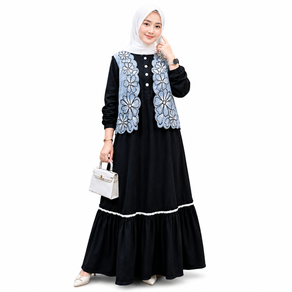 RINARA fASHION Gamis Bordir Rompi - Hitam