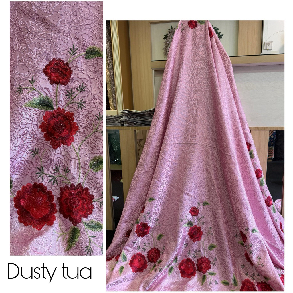 Kain Jacquard motif bunga mawar, kain tile brokat, kain dress, kain kebaya, kain Jaguar Harga Seteng