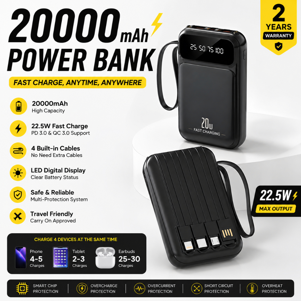 HZSUM LENTIVEN PowerBank 20000mah Mini Size With 4 Kabel Data Fast Charging Dual Output Led Display 