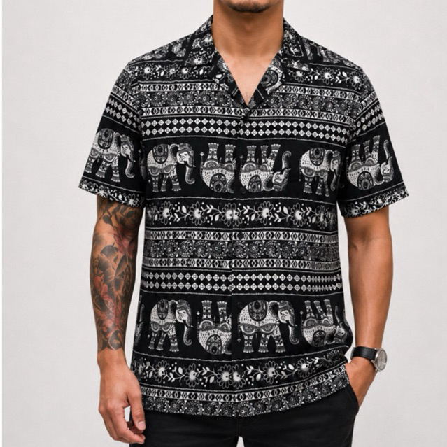 NRKY kemeja motif gajah lengan pendek pria wanita unisex bahan rayon