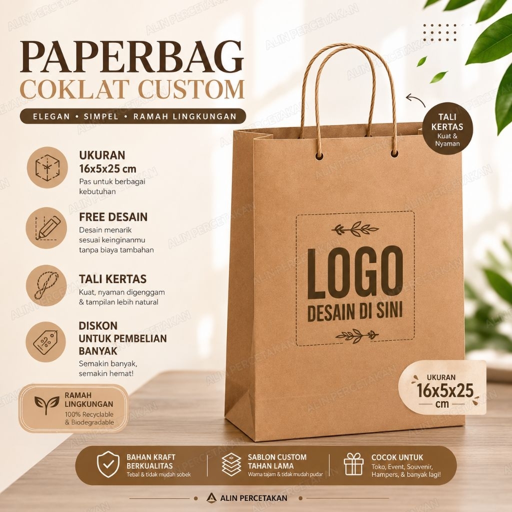 Paperbag Coklat Custom Logo Ukuran 16x5x25 cm | Paper Bag Kraft Tali Kertas | Gratis Desain