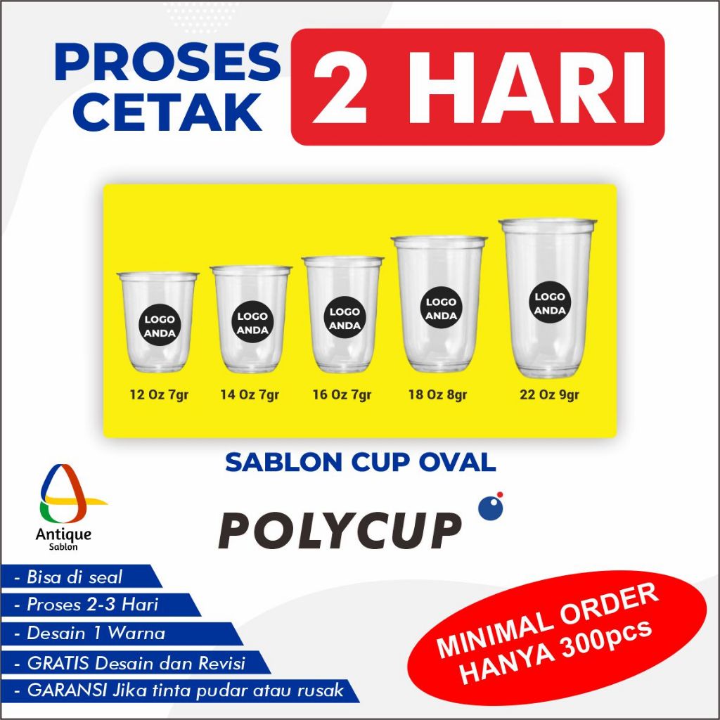 Sablon Cup Oval POLYCUP Gelas Packaging Plastik PP Custom 12 Oz, 14 Oz, 16 Oz, 18 Oz, 22 Oz Tebal 7-