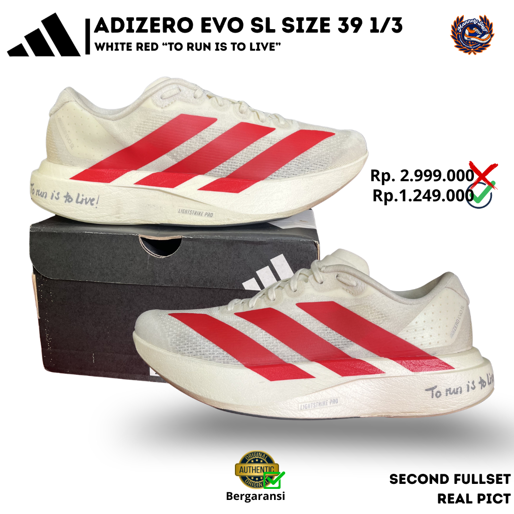Sepatu Adidas Adizero EVO SL White Red "To Run is to Live" Size 39 1/3 Second Running Original