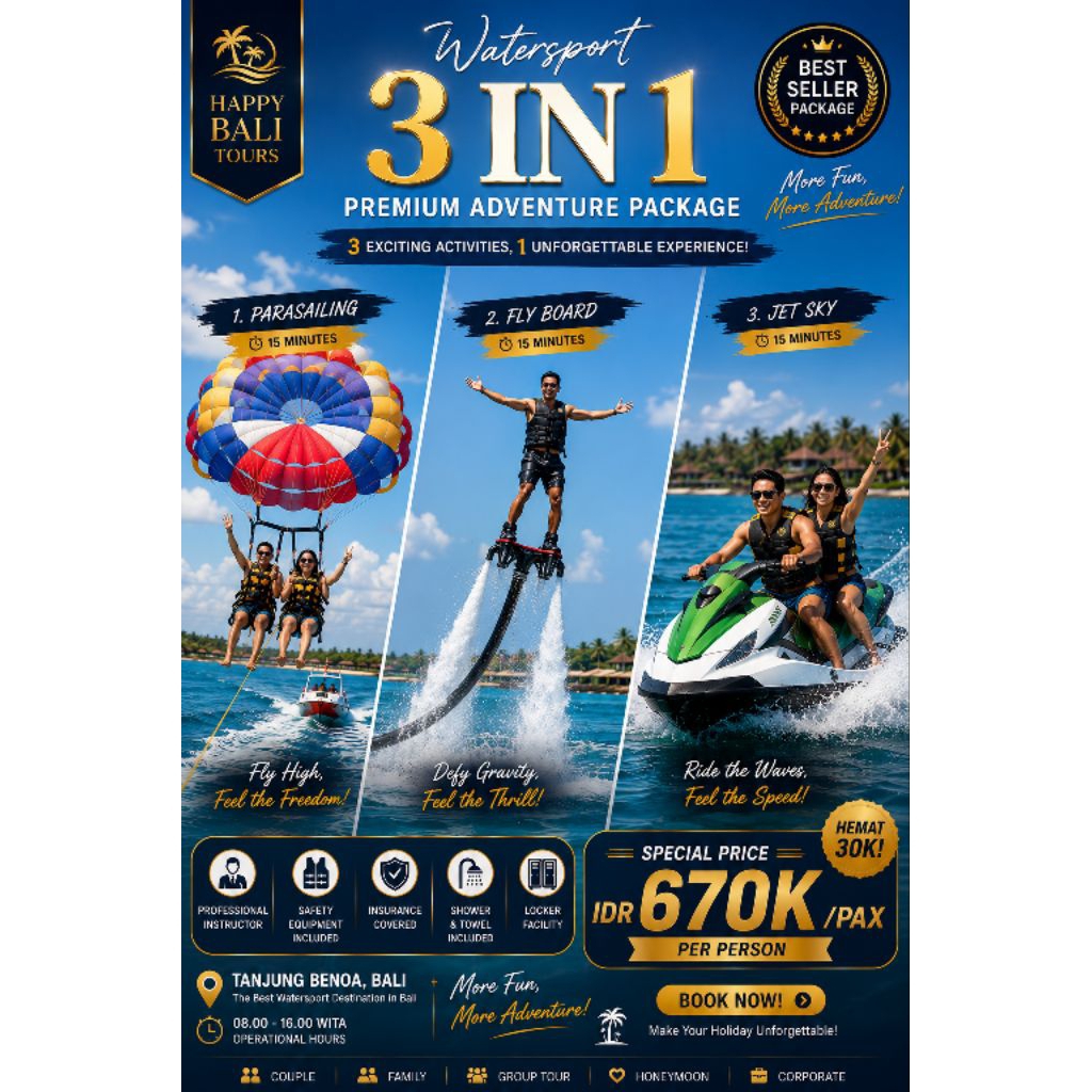 Watersport Bali 3 in 1 Premium Parasailing Flyboard Jet Ski Tanjung Benoa Include Insurance.