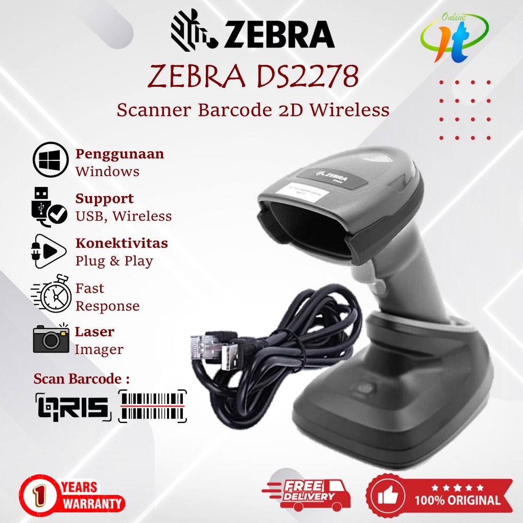 Zebra DS2278 Barcode Scanner Bluetooth 2D Wireless USB Scanner QR Pergudangan Expedisi Tanpa Kabel