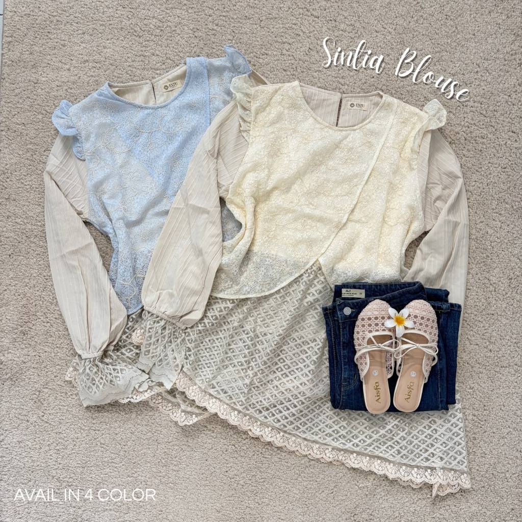 Sintia Blouse Lace Motif Embos Brokat Ruflle | Atasan Wanita Bahan Chantilly Premium