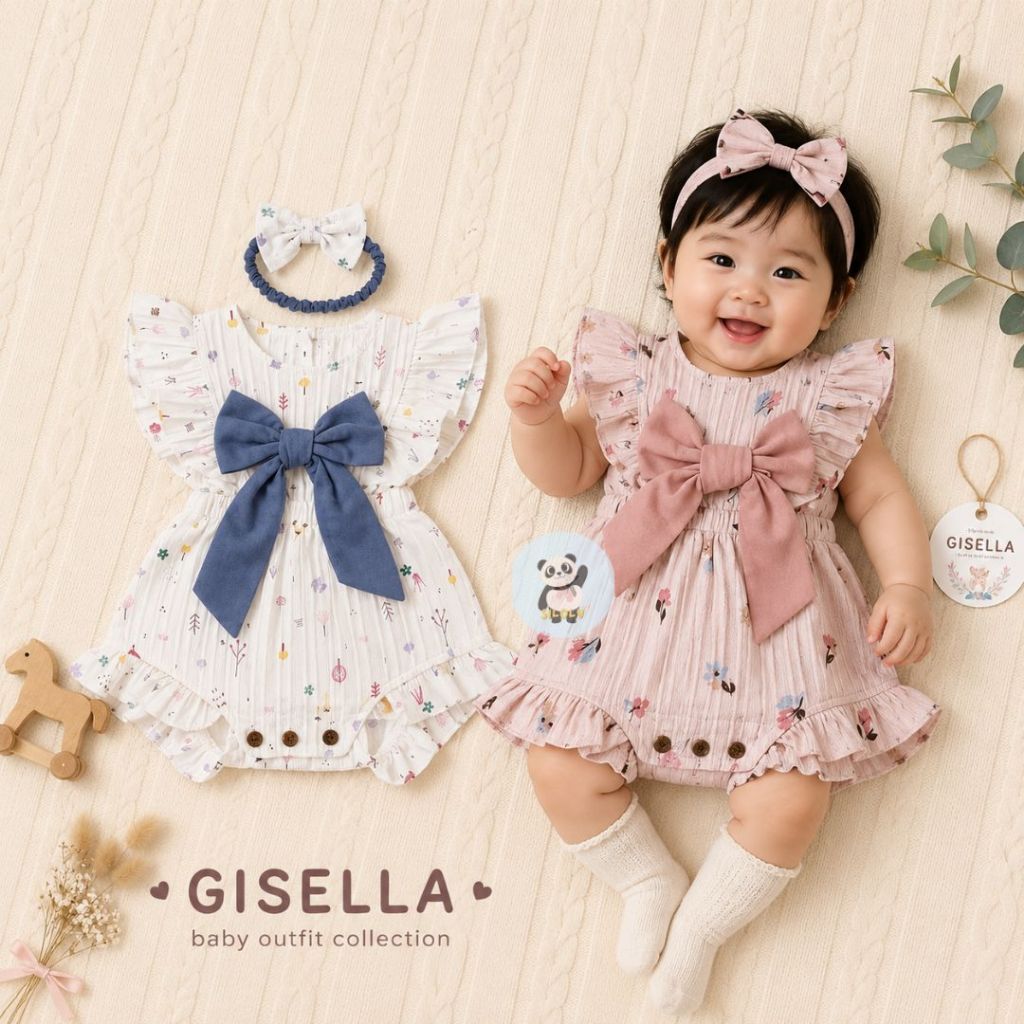 SILOLY GISELLA romper jumpsuit jumper bayi motif pita yang lucu + free headband BUBIBEE