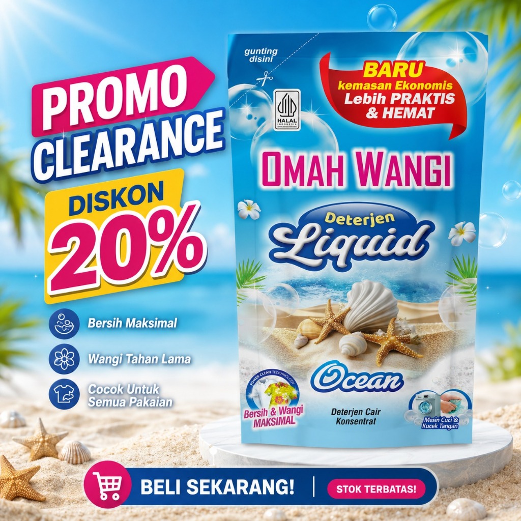 CLEARANCE SALE Detergent cair Sabun Cuci Pakaian Omah Wangi Kemasan Pouch 250ML Varian Ocean wangi t
