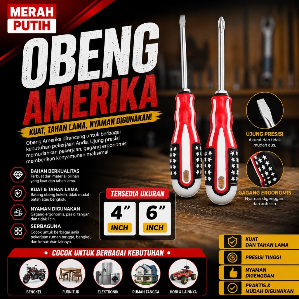 Obeng Bolak Balik Amerika 4inch 6inch Gagang Karet Expander