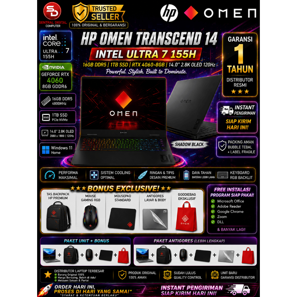 HP OMEN Transcend 14 OLED Ultra 7 155H 16GB 1TB RTX4060 Windows 11 Original