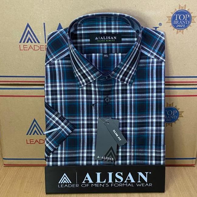 PROMO.BISA.COD..Kemeja Alisan Lengan Pendek Slimfit Motif Garis Kombinasi Kotak Pria