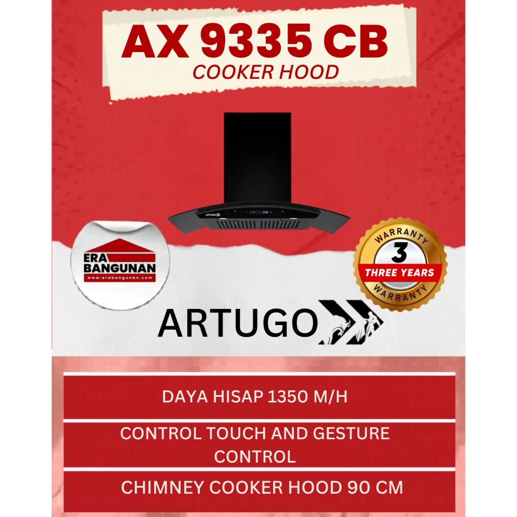 Artugo AX9335CB Cooker Hood 90cm Hitam Cerobong