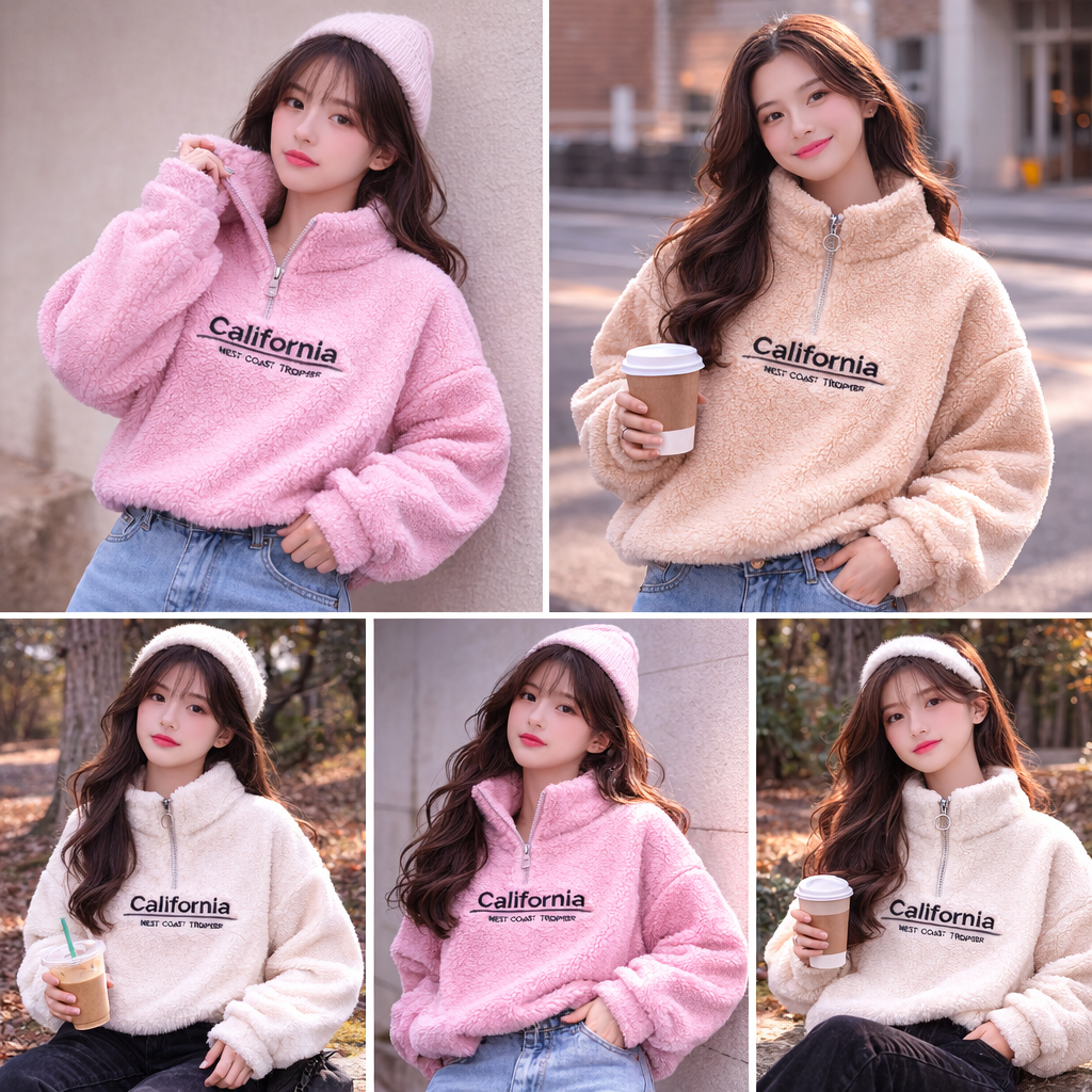 Hoodie Bulu Wanita Crop California / Jaket Bulu Wanita Beruang / Sweater Bulu Sherpa Bulu Domba Terb