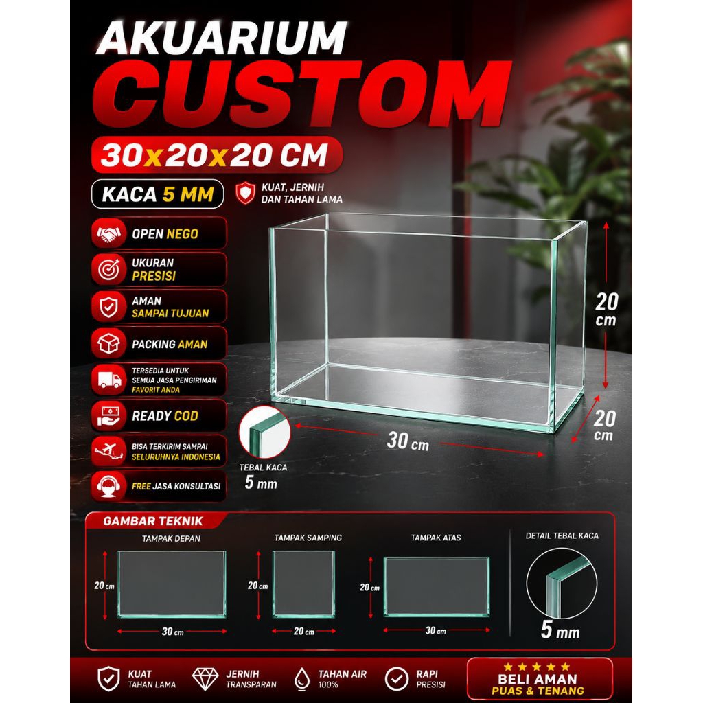 Aquarium Channa 10-15 cm, spesifikasi Gread A 30*20*20cm full kaca asahi 5mm baru