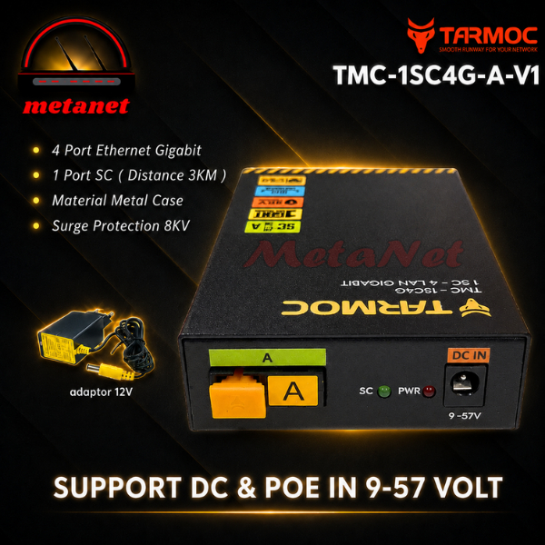 Tarmoc TMC-1SC4G-A-V1 | Media Converter Switch 1FO 4LAN / 1 FO 4 LAN Gigabit POE IN 9-57 Volt | 1SC 