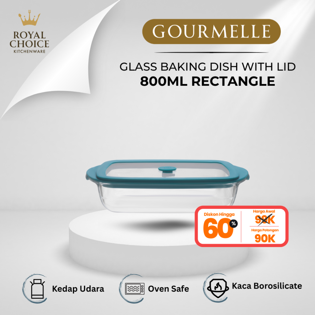 GOURMELLE - 800ml Rectangle Glass Baking Dish with Lid | Wadah Pinggan Panggang Oven Saji