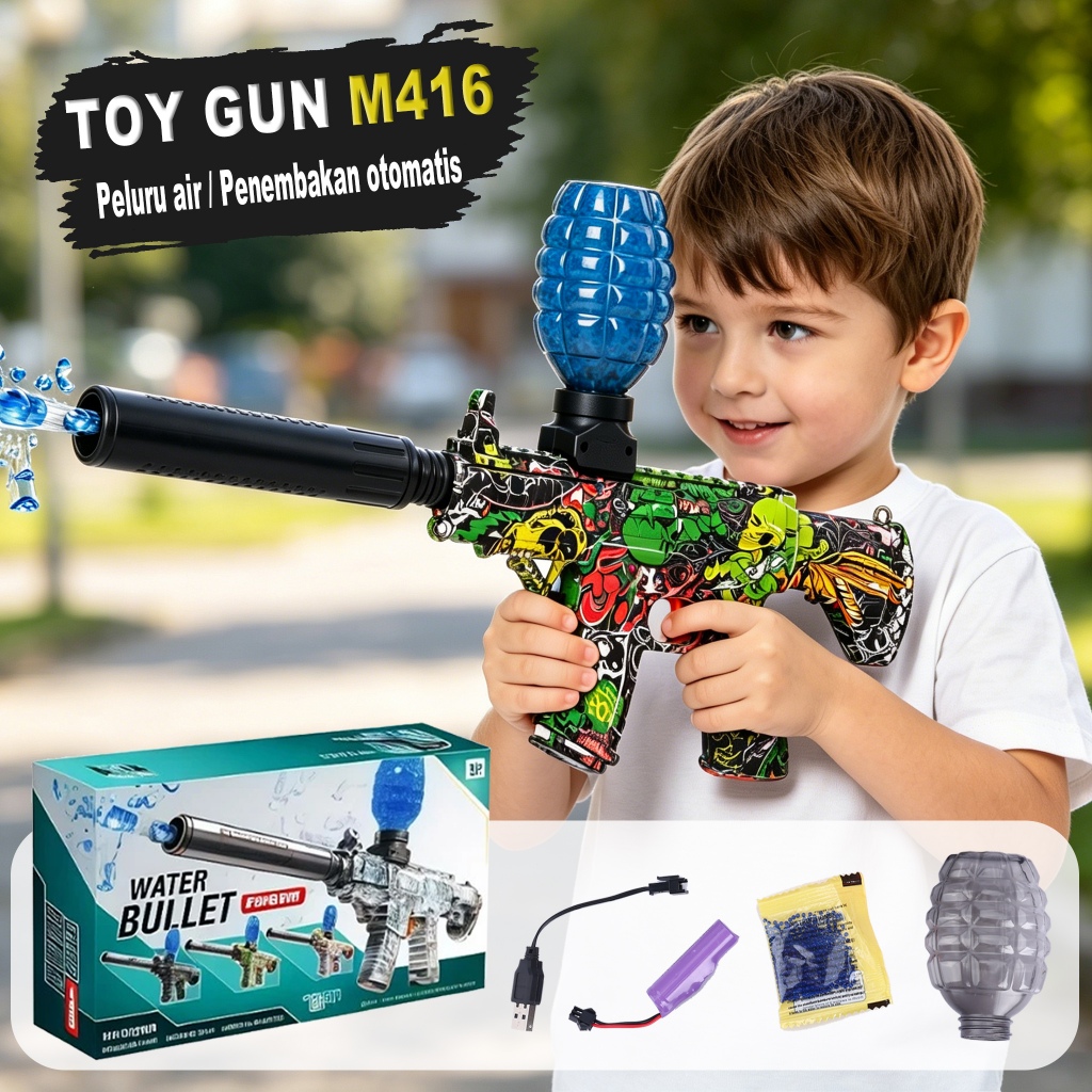Pistol Mainan Elektrik Otomatis Anak Pistolan Fake Toy Gun M416 Tembakan Peluru Jelly
