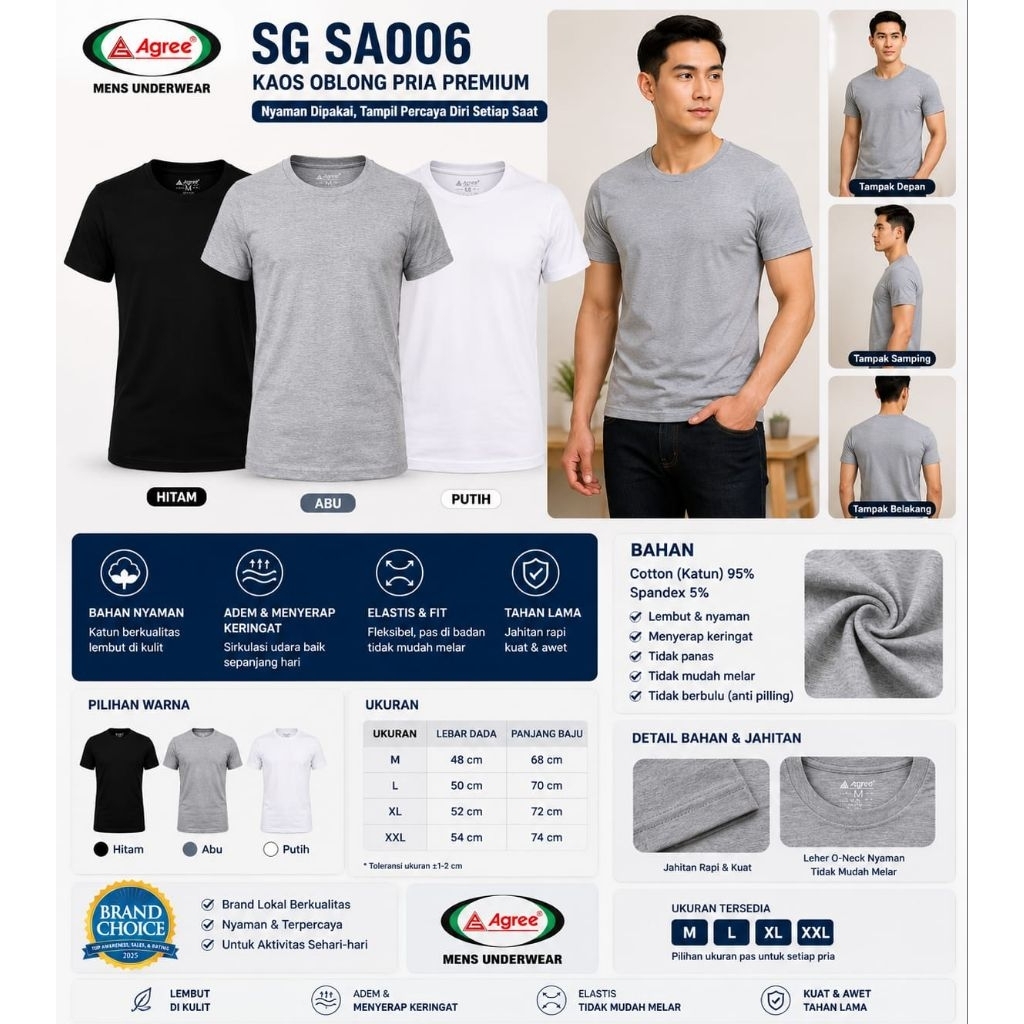 KAOS DALAM PRIA AGREE.006 KAOS OBLONG O NECK Ukuran M-XXL