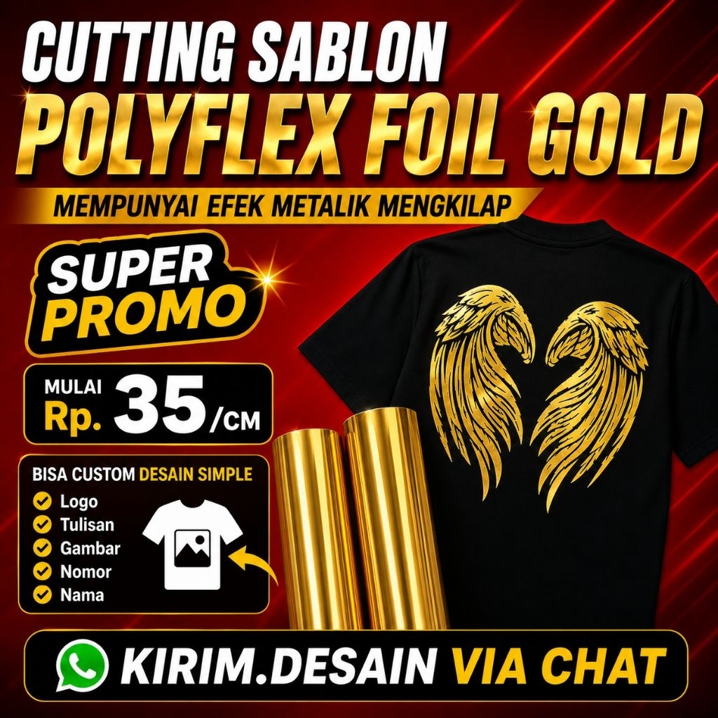 Cutting Foil Gold Custom Logo Nama | Polyflex Emas Premium Sablon Kaos | Harga per CM