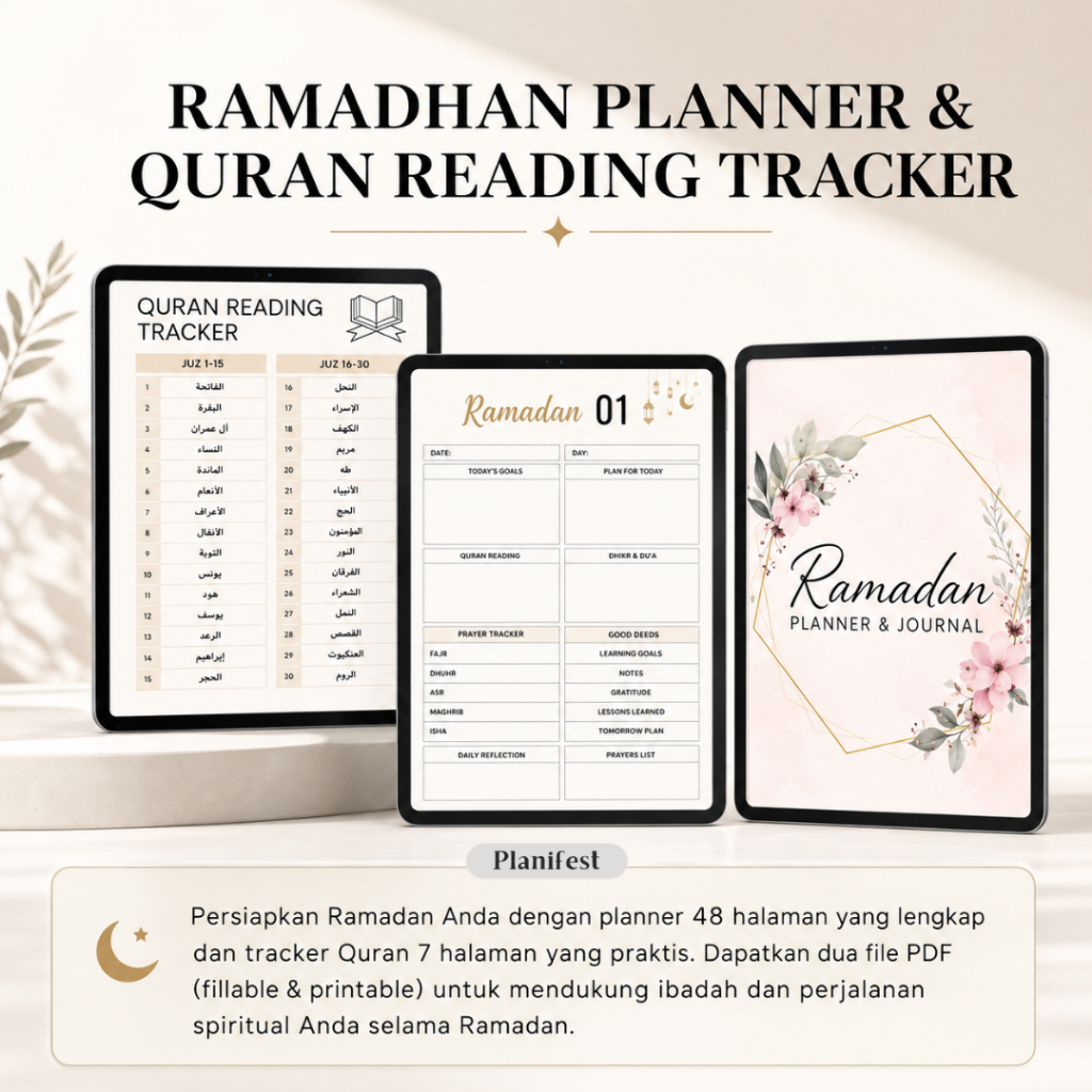 Ramadhan Planner & Quran Reading Tracker – Printable & Fillable Tema Bunga, 55 Halaman siap dicetak