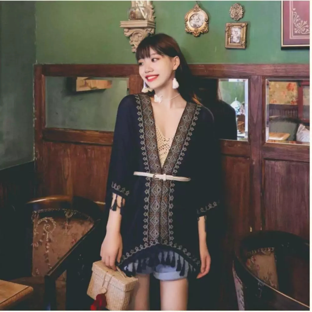 Naomi Kimono Outer Rajut Etnik Atasan Wanita Lengan Panjang Rumbai Cardigan Boho Fringe Outerwear Pa