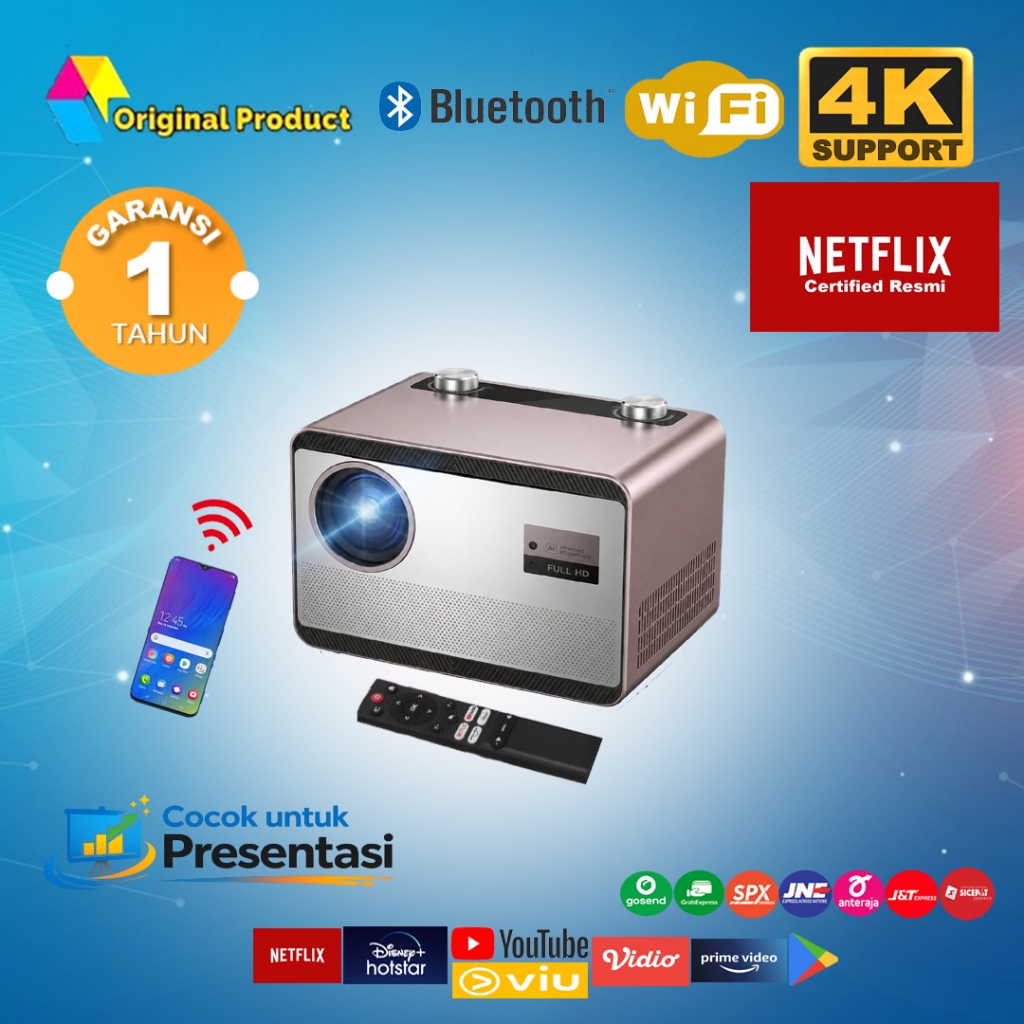 Proyektor Android PREMIUM Wifi Bluetooth 6000 Lumens Netflix Certified Resmi