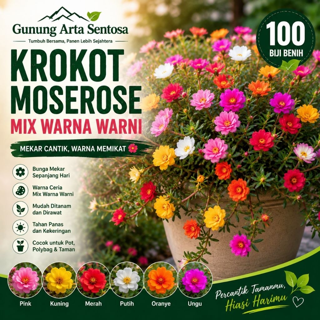 Benih Krokot Moserose 100 Butir – Bunga Hias Mini Warna-Warni, Mudah Tumbuh & Rajin Berbunga