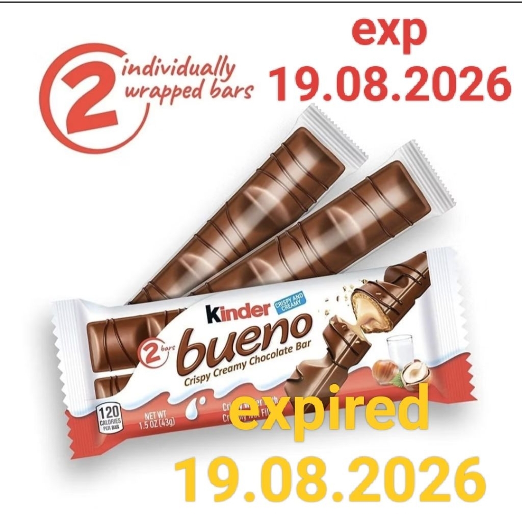 KINDER BUENO - CRISPY CREAMY CHOCOLATE & HAZELNUT BAR (2 BAR/PACK) - 43 GR