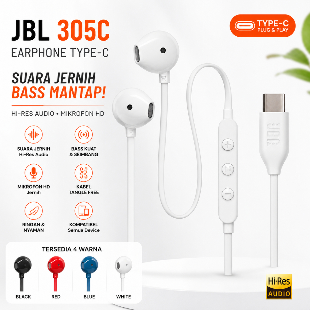 JBL Earphone JBL T305C Type-C Pure Bass Sound Headset dengan Mic & Control