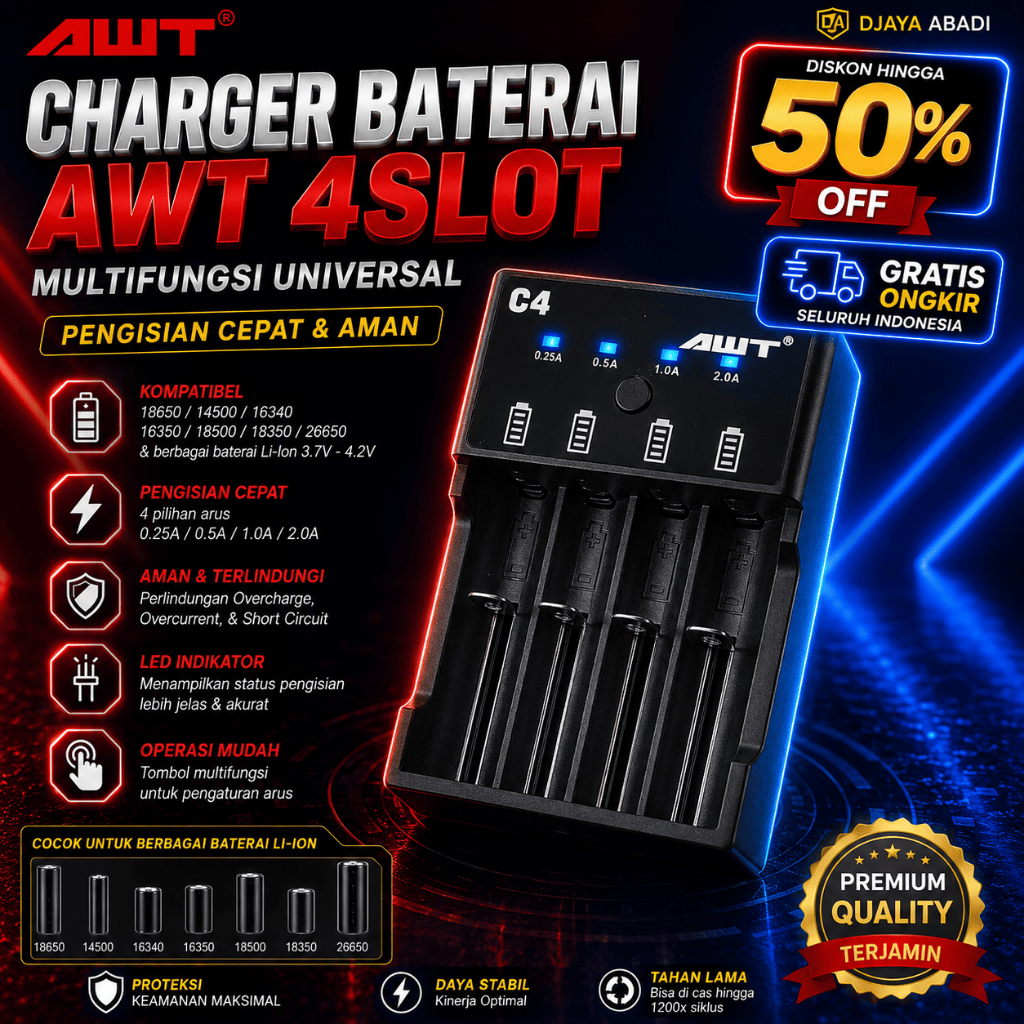 CHARGER BATERAI UNIVERSAL 3.7V - 4.2V 18650 16350 16340 26650 18500 AWT C4 ORIGINAL AWT C2