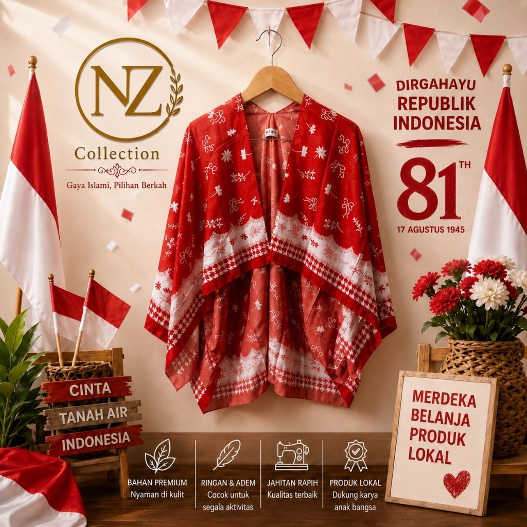 Outer Merah Putih | Outer Scarf Batwing voal premium | Outer wanita | Outfit Agustusan | Atasan Keme