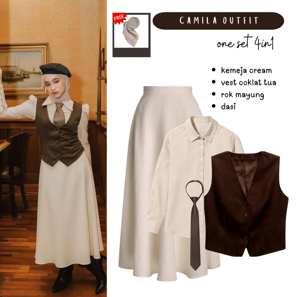 Outfit Yearbook Dark Academia | Kemeja Cream , Vest Coklat Tua , Rok Ivory , Dasi Coklat Tua - FC63