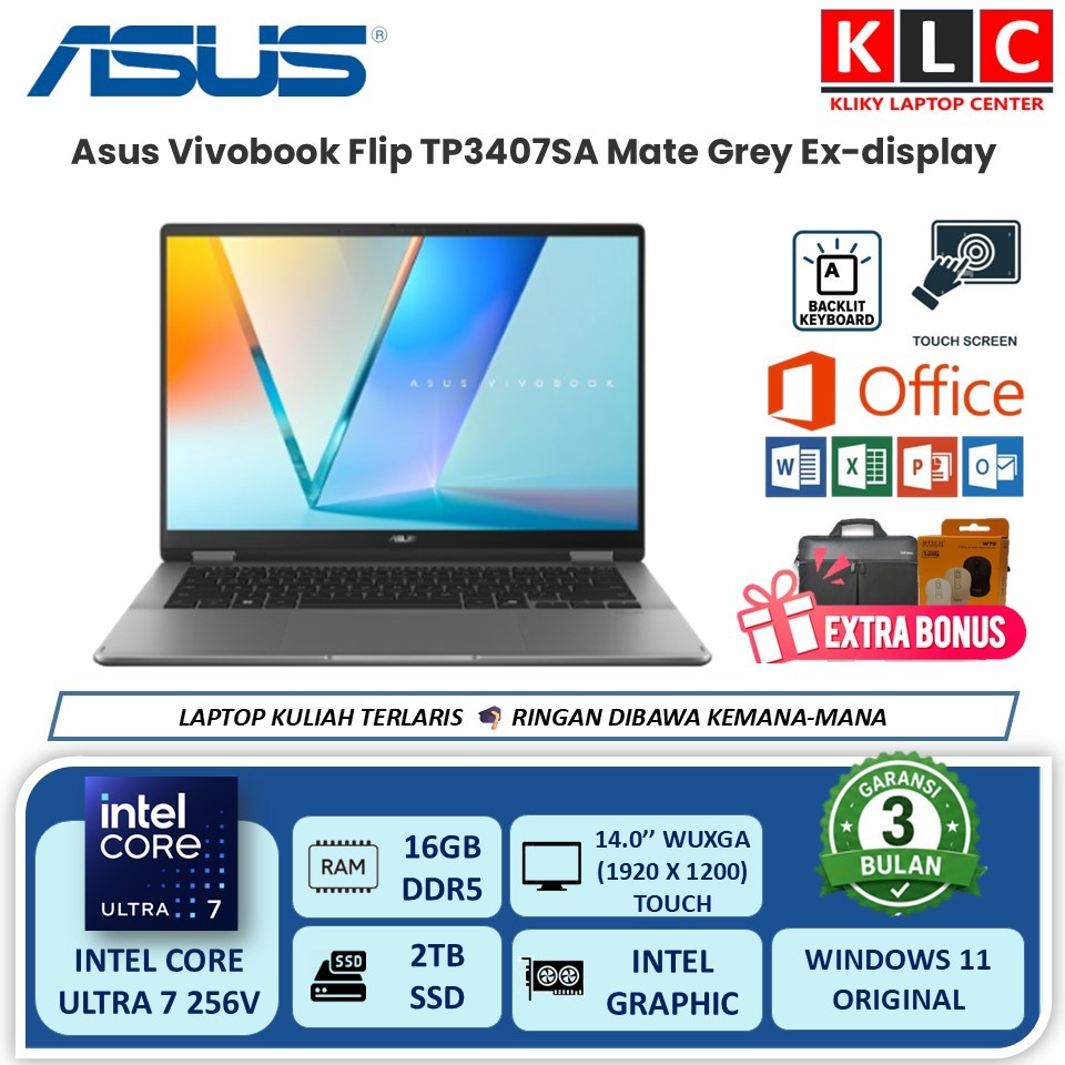 Laptop 2in1 Asus Vivobook Flip TP3407SA Intel Ultra 7 256V 16GB DDR5 1TB SSD 14 Oled Touch Windows 1