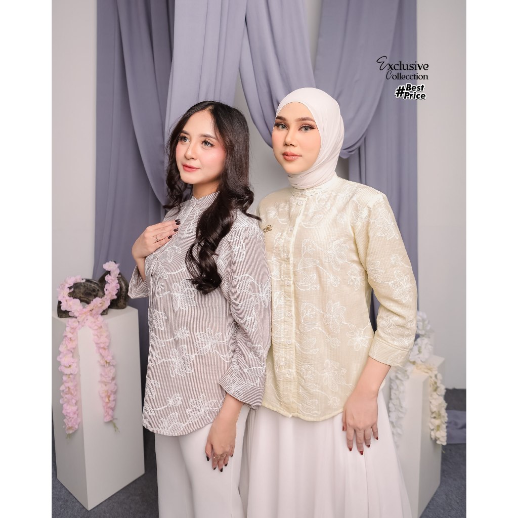 ATASAN WANITA KEKINIAN LINEN STRIPE EMBOSSS PREMIUM SOLARIS BLOUSE - ALFASA DAILY