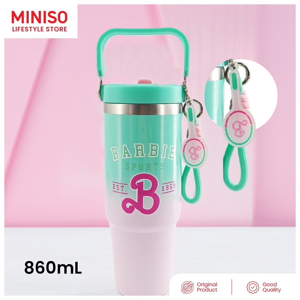 MINISO X Barbie Collection Double Wall Steel Tumbler with Handle & Straw 860mL Tumbler Termos Barbie