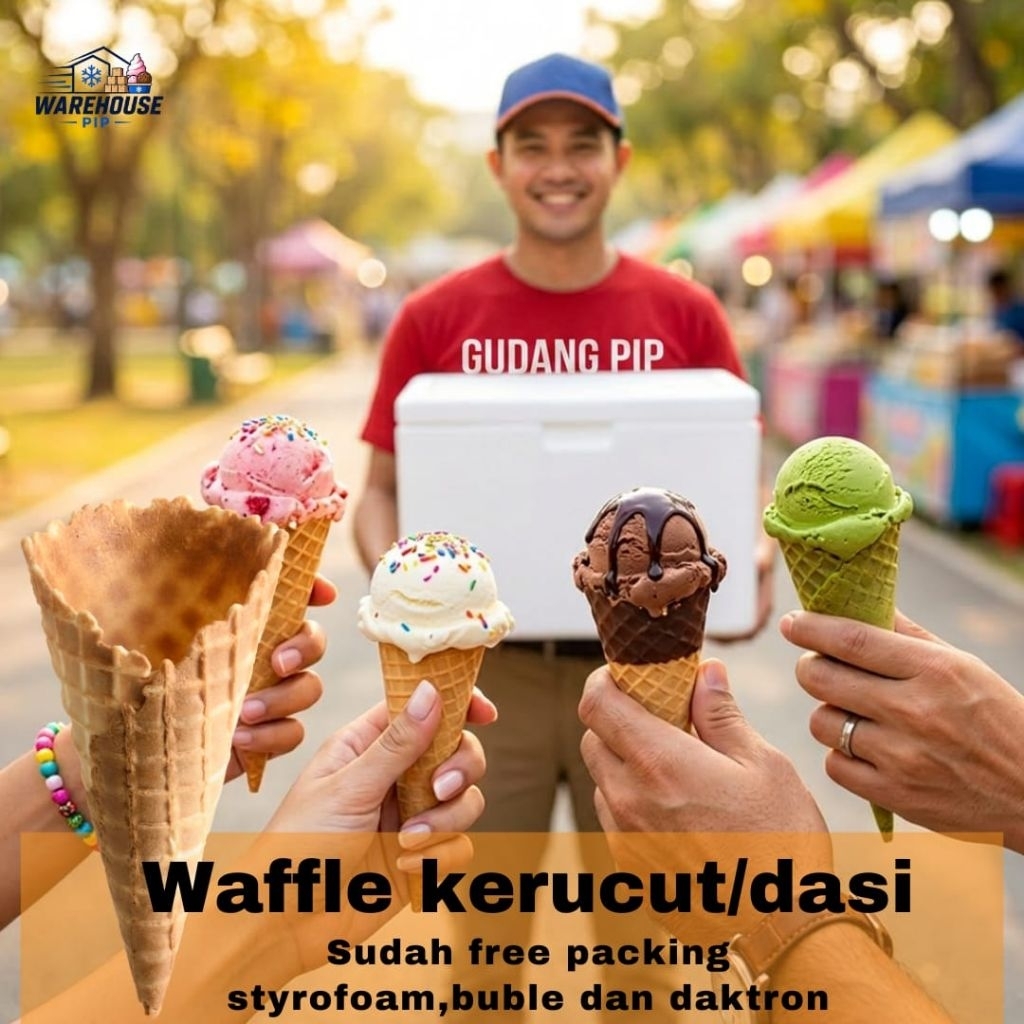 Waffle Cone/waffle dasi/waffle kerucut Ice Cream PREMIUM - Kemasan Sterofoam Aman