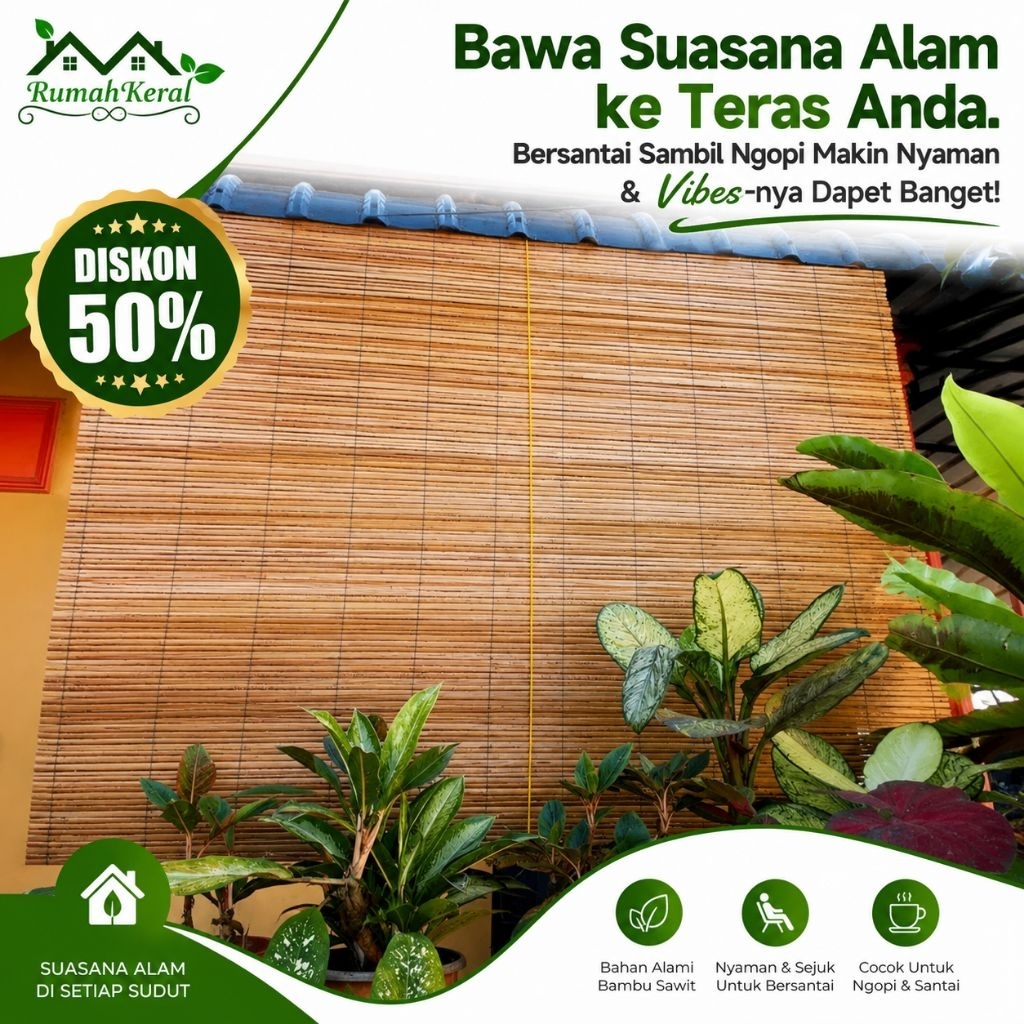 Tirai Bambu Sawit Outdoor Ukuran Standard Krey Gulung Teras Depan Halaman Rumah Anti Panas Hujan