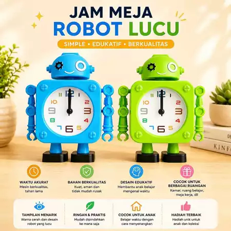 Jam Beker Unik Bentuk Robot Warna Hijau dan Biru Angka Warna Warni Lucu Alarm Nyaring