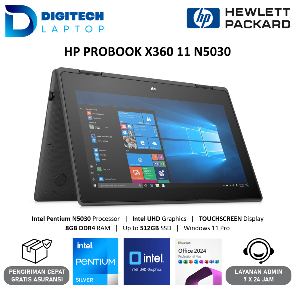 Laptop Murah HP PROBOOK X360 11 PENTIUM SILVER N5030 RAM 8GB SSD 512GB TOUCH Windows 11