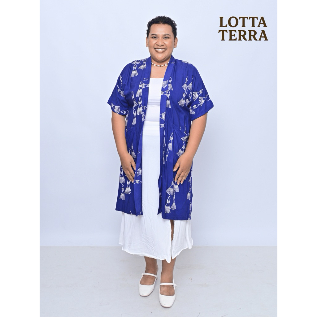 Lotta Terra Rami Outer Batik Papua Navy Motif Honai Tifa Anggrek Sisir Bambu | Outer Panjang Wanita 