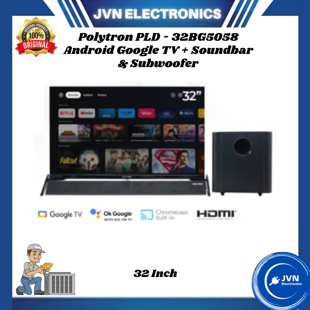 Polytron PLD-32BG5058 32 Inch Android Google TV + Soundbar & Subwoofer