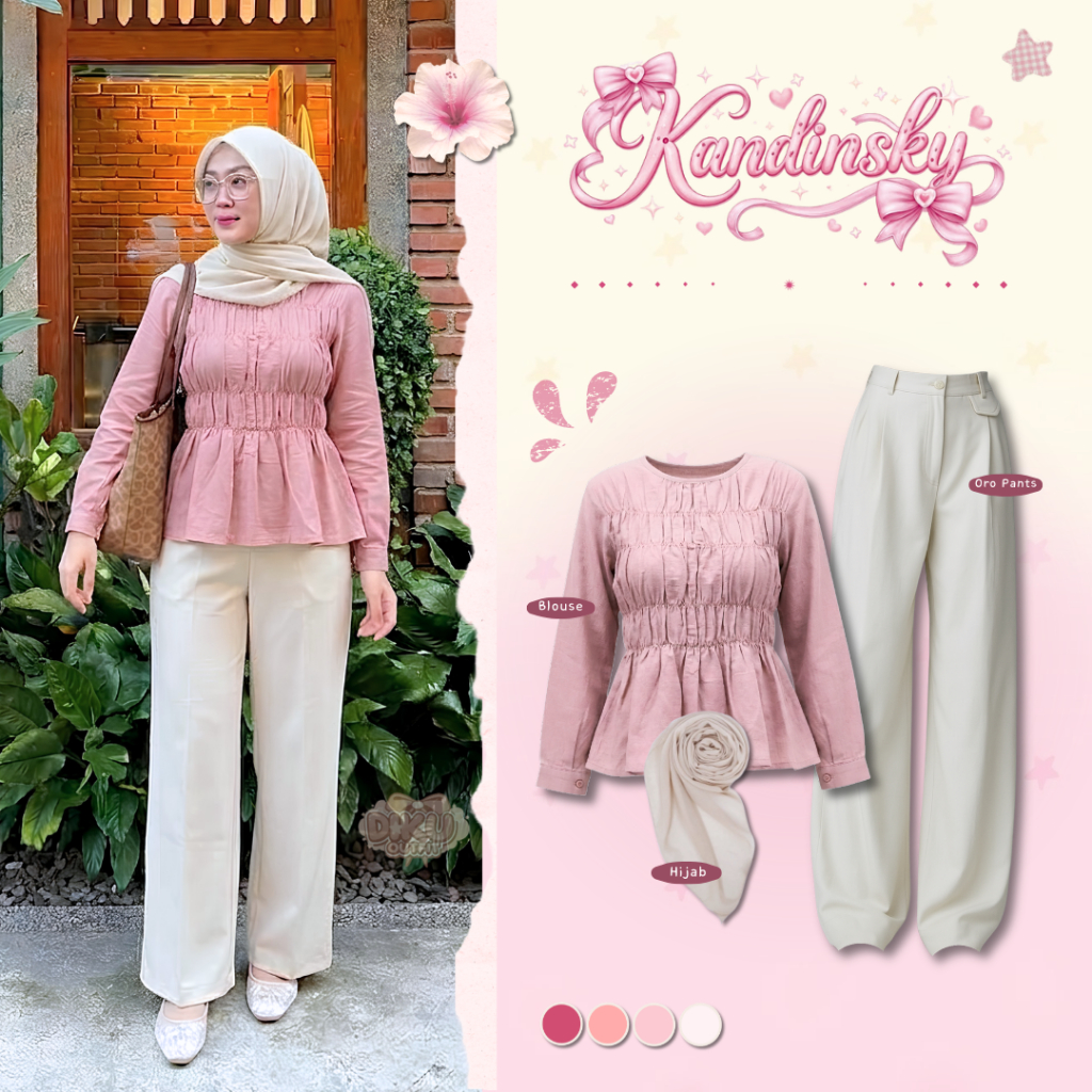 Kandinsky Oneset 3in1 Wanita Hijab Premium ( Blouse Kerut Pink + Oro Pants Highwaist + Bella Square 