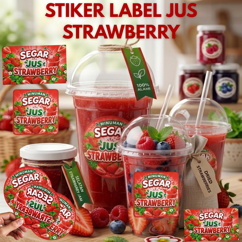 Stiker Label Minuman Strawberry Sticker Jus Strawberry Botol Gelas Cup