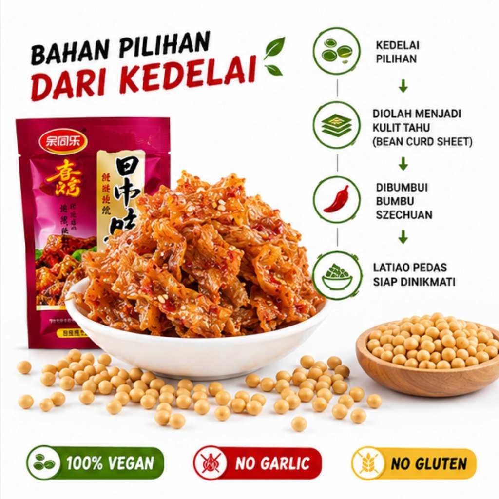 Latiao Soya Szechuan Pedas Vegan 100% | Snack Pedas Protein Kedelai | No Garlic No Gluten