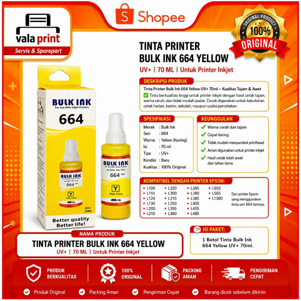 Tinta Epson 664 Yellow 70ml Original Bulk Ink UV+ Tinta Printer Inkjet Untuk L110 L120 L220 L310 L36